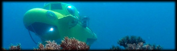 Pahge banner photo of the submarine passing over soft coral 